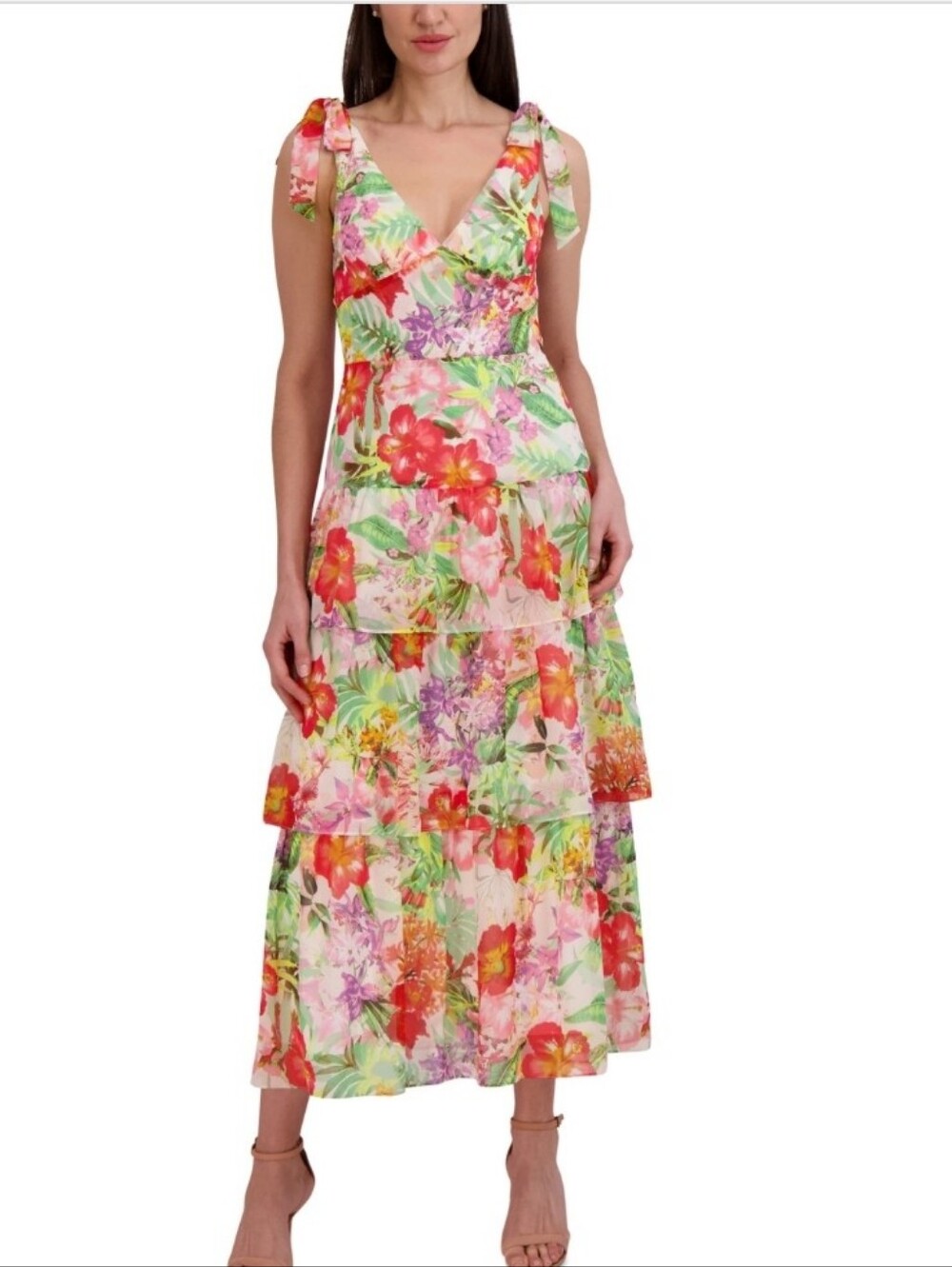 Julia Jordan Woman's Printed V-Neck Tie-Straps Tiered Dress Size 10 NWT